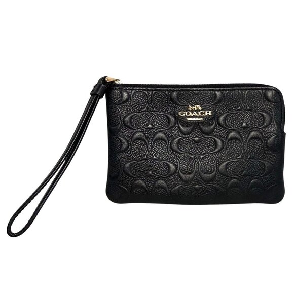 Coach Black Corner Zip Wristlet In Signature Embossed Leather F67555 - Picture 1 of 9